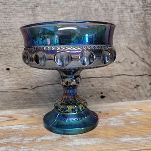 Vintage Indiana Blue Iridescent Carnival Glass Kings Crown Thumbprint Compote